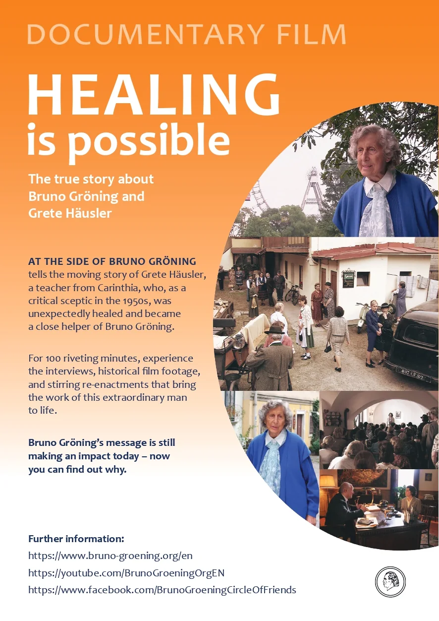 The second page of the flyer, headed Healing is possible, with stills from the film and the line that it tells the story of Grete Häusler, a teacher from Carinthia