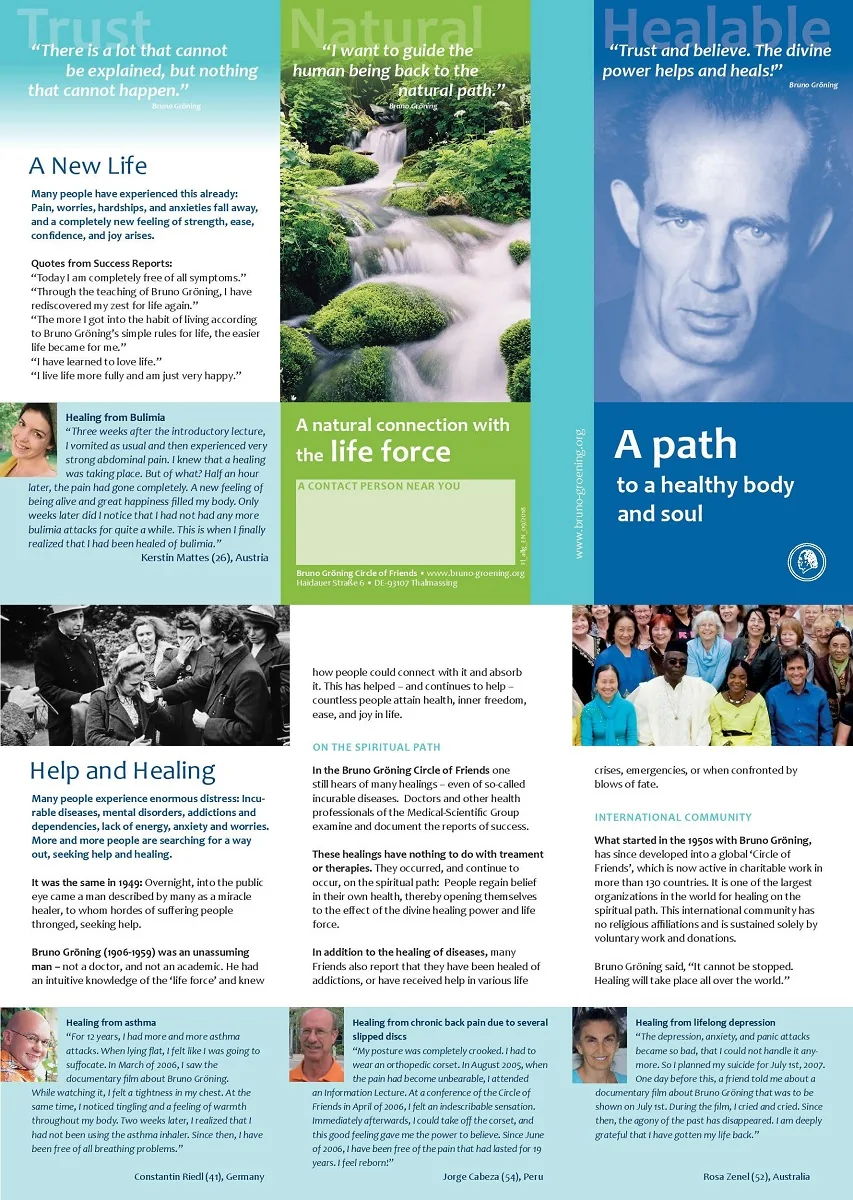 The organisation's general brochure, headed A New Life and Help and Healing, carrying photographs and short accounts from named supporters in Austria, Germany, Peru and Australia