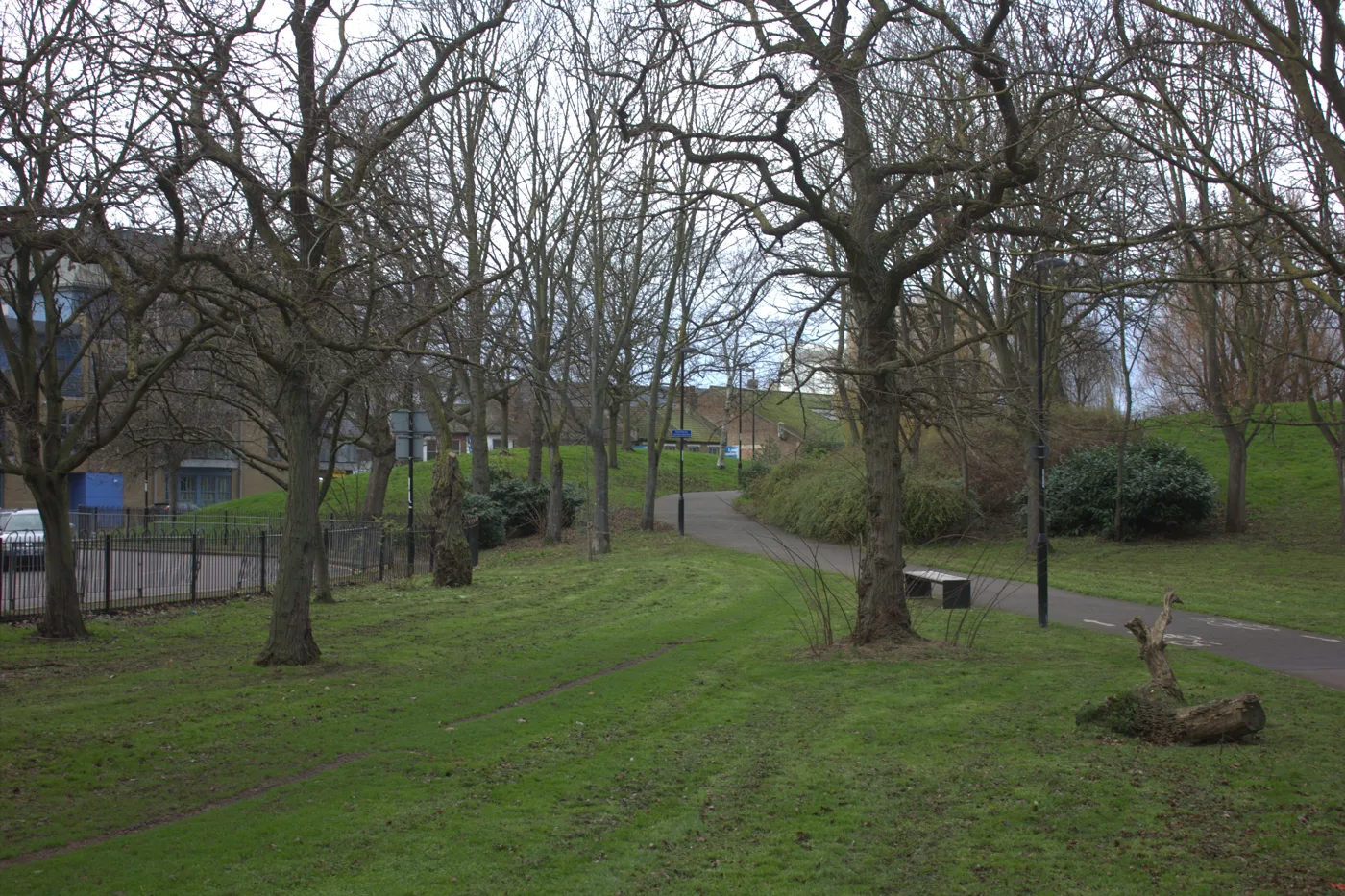 Folkestone Gardens in Deptford, the park beside the railway a short walk from Landmann Way. This photo predates the fires and does not show the site
