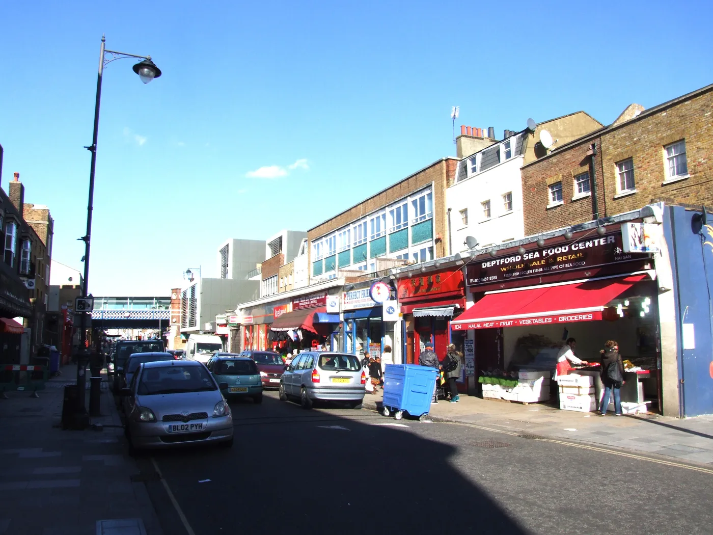 Food shops on Deptford High Street. The photo is a general view of Lewisham food businesses and does not show any premises awaiting inspection.