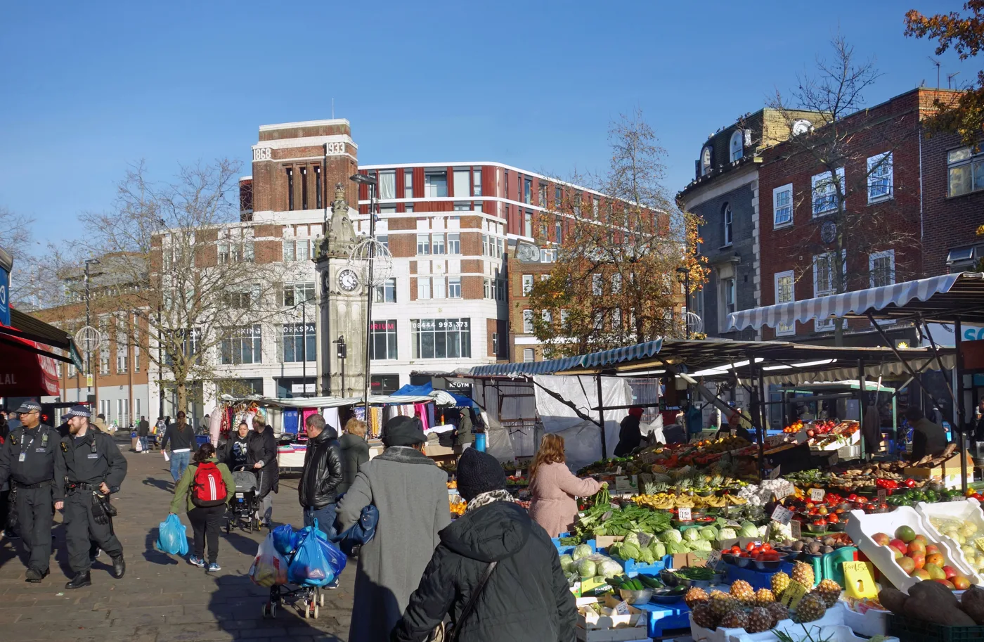 Lewisham Market and the clocktower in November 2024, before work on the market canopy began. The clocktower's restoration is one of the programme items still to be confirmed.