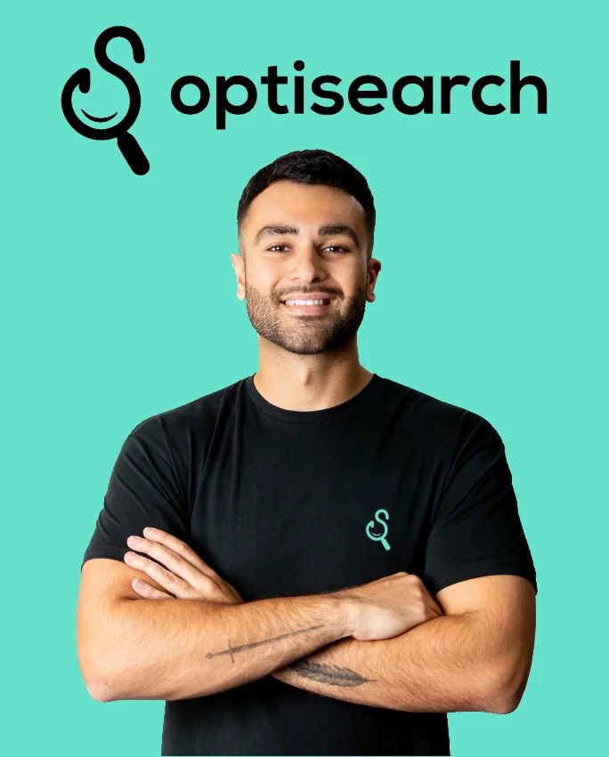 Louis Riat-Bonello, arms folded, in a black Optisearch T-shirt beneath the Optisearch logo on a turquoise background