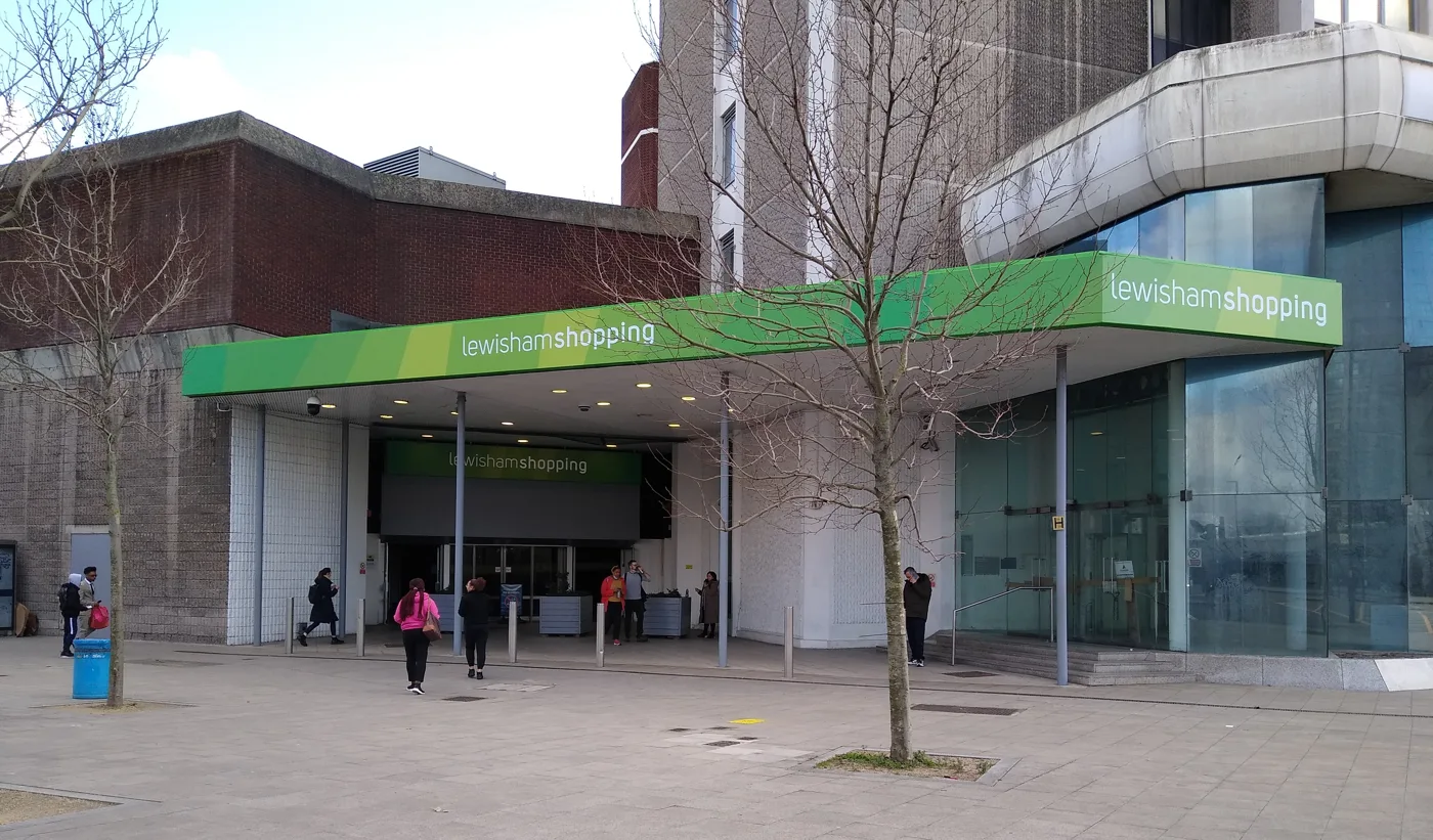 The Lewisham Shopping Centre. Police data pins each report to the nearest mapped street or landmark, not to a specific store