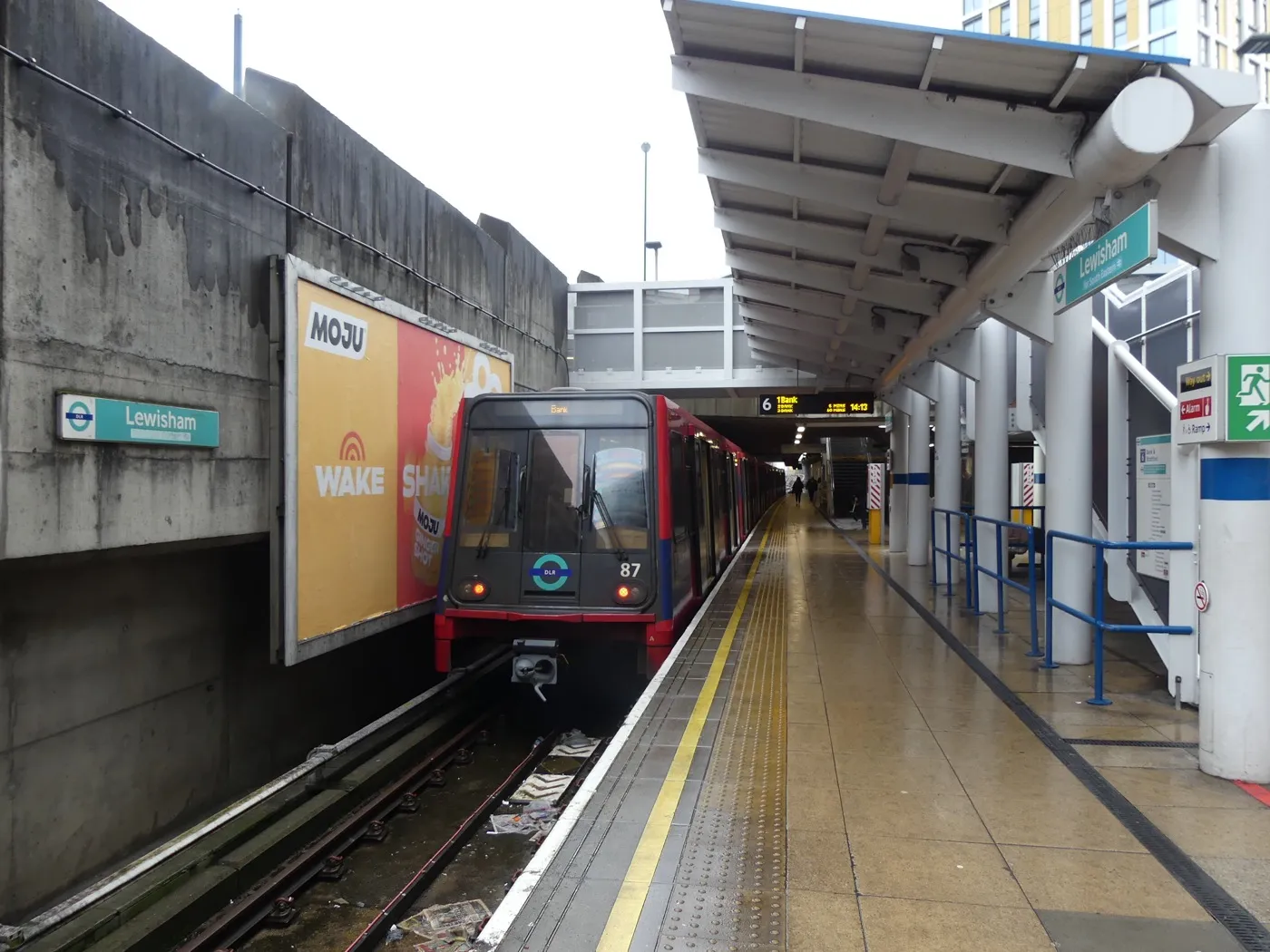 A DLR train at Lewisham, the line's southern terminus. From here the DLR runs through Greenwich to Canary Wharf, Bank and Stratford.