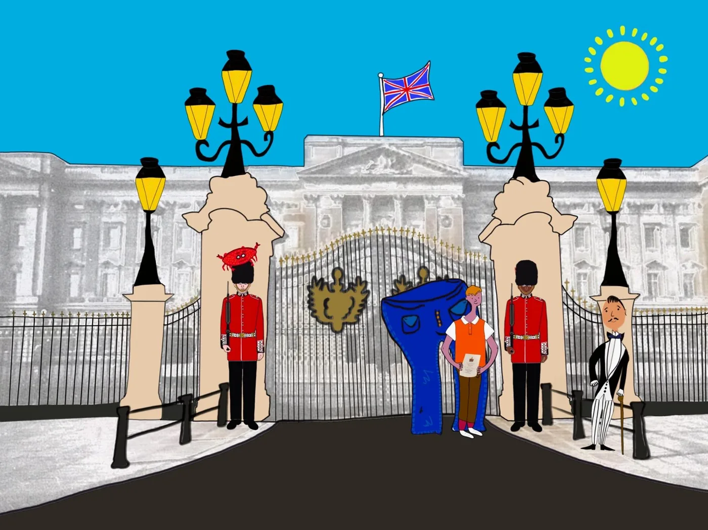 Cartoon of Terry in an orange shirt holding a letter beside a giant pair of blue trousers at the gates of Buckingham Palace, with two guardsmen, a red crab on one guardsman's bearskin and a man in a tailcoat with a cane